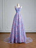 Princess A line Spaghetti Straps Lilac Tulle Floral Prom Dresses Long Evening Formal Gown With Scarf Party Gowns HZ0311