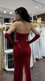 Attractive Sequins Sweetheart Slit Burgundy Mermaid Prom Dresses Evening Dress Party Gowns HZ0311