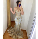 Sexy Mermaid Spaghetti Straps Gold Sequin Inspo For Black Women Girls Formal Party Gowns Long Prom Dresses HZ0311