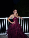 Unique Ball Gown Spaghetti Straps Wine Red Burgundy Tulle with Lace Applique Evening Dresses Long Prom Dress HZ0311