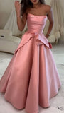 Ball Gown Strapless Straight Across Pleated Satin Prom Dress Pink Evening Dresses Sweet 15 16 Gown HZ0311