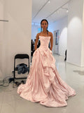 Ball Gown Strapless Tiered Ruffled Satin Long Prom Dress Pink Evening Dresses Sweet 15 16 Gown HZ0311