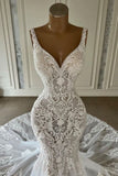 Mermaid Lace Sweetheart Wedding Dress V-neck Long Bridal Dress with Train HZ0311
