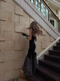 Vintage Mermaid Strapless Black Polka Dots Wedding Guest Dress Satin Long Prom Dresses Semi Formal Gown HZ0311
