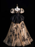 Modest Ball Gown Sweetheart With Puffy Short Sleeves Black Floral Long Prom Dress For Women Girls Evening Dresses HZ0311