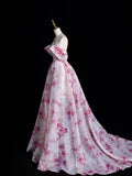Modest Ball Gown Off The Shoulder With Short Sleeves Pink Floral Long Prom Dress For Women Girls Evening Dresses HZ0311