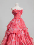Sweet Ball Gown Sweetheart Pink Floral Chiffon Long Formal Evening Dress Formal Birthday Gowns Prom Dresses HZ0311