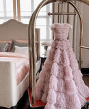 Fairy Ball Gown Strapless Pink Tiered Tulle Long Prom Dresses Evening Dress Sweet 15 16 Gown HZ0311