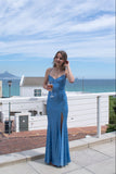 Glitter Mermaid Prom Dress Women Halter Blue Sequins Long Formal Dance Evening Party Gowns HZ0311