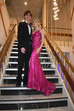 Glitter Mermaid Prom Dress Women Hot Pink Sequins Long Formal Dance Evening Party Gowns HZ0311