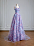 Princess A line Spaghetti Straps Lilac Tulle Floral Prom Dresses Long Evening Formal Gown With Scarf Party Gowns HZ0311