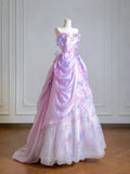 Timeless Ball Gown Strapless Lilac Floral Tulle Long Prom Dresses Inspiration Party Gowns HZ0311