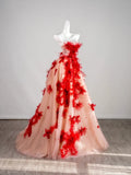 Cute Ball Gown Strapless Red Floral Sleeveless With Applique Pink Tulle Long Quinceanera Dresses Sweet 15 16 Birthday Outfit HZ0311