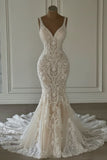 Mermaid Lace Sweetheart Wedding Dress V-neck Long Bridal Dress with Train HZ0311