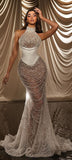 Glitter Mermaid Prom Dress Women High Neck White Beads Long Formal Dance Evening Party Gowns HZ0311
