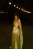 Modest A Line Strapless Sage Green Satin Prom Dresses Long for Women Formal Wedding Guest Gown HZ0311