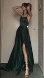 Modest Party Gowns Sleeveless Floor-Length Halter Slit Dark Green Long Prom Dress HZ0311