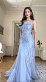 Modest Party Gowns Sleeveless Floor-Length Mermaid Light Blue Lace Long Prom Dress HZ0311