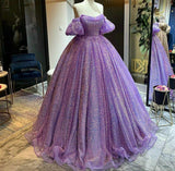 Sparkly Ball Gown Off The Shoulder Lilac Quinceanera Dress Sequins Birthday Luxury Dress Sweet 15 16 Birthday Gown HZ0311