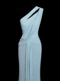 Shining Sheath One Shoulder Sequin Light Sky Blue Long Party Dresses Prom Dresses Impress Wedding Guest Dress HZ0311