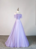 Ball Gown Strapless Lilac Tulle With Feathers Long Prom Dress Fashion Aesthetic High School Formal Dresses Party Outfits Prom Gown HZ0311