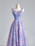Princess A line Spaghetti Straps Lilac Tulle Floral Prom Dresses Long Evening Formal Gown With Scarf Party Gowns HZ0311