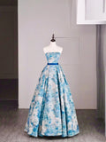 Beautiful Ball Gown Strapless Blue Floral Satin Long Prom Dresses Formal Gowns Inspo Evening Outfit HZ0311