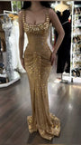 Glitter Mermaid Square Neck Gold Sequins With Gold Beadings Inspo Formal Party Gowns Long Prom Dresses HZ0311