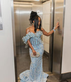 Sexy Off The Shoulder Mermaid Light Sky Blue Sequins For Black Women Girls Long Prom Dress Evening Dresses 15 16 Birthday Gown HZ0311