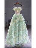 Princess Ball Gown Strapless Green Floral Tulle With Scarf Prom Dress Fashion Aesthetic For Teens Formal Dresses Party Outfits Prom Gown HZ0311