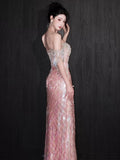 Glittery Mermaid Off The Shoulder Pink Sequins Short Sleeves Prom Dresses Inspiration Long Night Outfits Birthday Outfit HZ0311