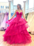 Ball Gowns Prom Dress Women Spaghetti Straps Hot Pink Tulle Long Formal Dance Evening Party Gowns HZ0311