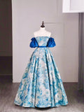 Beautiful Ball Gown Strapless Blue Floral Satin Long Prom Dresses Formal Gowns Inspo Evening Outfit HZ0311