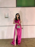 Attractive Sheath Strapless Hot Pink Slit Prom Dresses Senior Evening Dress Party Gowns HZ0311