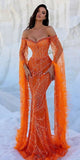Mermaid Off The Shoulder Orange Sequin Prom Dress Women Long Formal Dance Party Gowns HZ0311