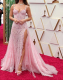 Elegant Mermaid Spaghetti Straps Pink Sleeveless Lace Slit Long Tulle Prom Dresses Vestidos De Dia HZ0311