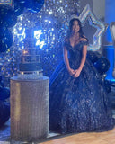 Navy Blue Ball Gown Off The Shoulder Quinceanera Dress Lace Birthday Luxury Dress Sweet 15 16 Birthday Gown HZ0311