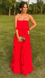 Simple A Line Strapless Red Sleeveless Chiffon Long Prom Dresses Wedding Guest Dress Classy Prom Gowns HZ0311