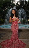 Strapless Mermaid Red Long Prom Dresses For Black Girls Women Sleeveless Party Dress HZ0311