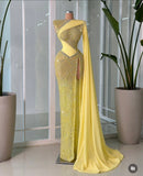Modest Party Gowns Sleeveless Floor-Length Mermaid One Shoulder Slit Yellow Sequin Long Prom Dress HZ0311