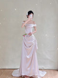 Modest Mermaid Off The Shoulder Fitted Corset Light Pink Long Wedding Dress Bride Gowns Wedding Dresses HZ0311