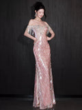 Glittery Mermaid Off The Shoulder Pink Sequins Short Sleeves Prom Dresses Inspiration Long Night Outfits Birthday Outfit HZ0311