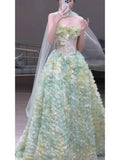 Princess Ball Gown Strapless Green Floral Tulle With Scarf Prom Dress Fashion Aesthetic For Teens Formal Dresses Party Outfits Prom Gown HZ0311