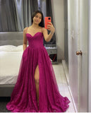 Glitter A Line Spaghetti Straps Fuchsia Sequin Split Inspo Formal Party Gowns Long Prom Dresses HZ0311