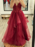 Ball Gowns Prom Dress Women Spaghetti Straps Burgundy Tulle Long Formal Dance Evening Party Gowns HZ0311