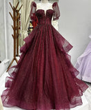 Ball Gowns Prom Dress Women Strapless Burgundy Tulle Long Formal Dance Evening Party Gowns HZ0311