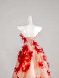 Cute Ball Gown Strapless Red Floral Sleeveless With Applique Pink Tulle Long Quinceanera Dresses Sweet 15 16 Birthday Outfit HZ0311
