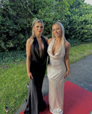 Simple Satin Mermaid Long Evening Prom Dresses Ivory Halter Prom Dress HZ0311