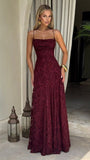 Spaghetti Strap Sheath Wedding Guest Dresses, Lace Rust Red Prom Formal Dresses HZ0311