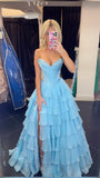 Attractive Ball Gown Basque Waist Corset Ruffle Blue Slit Prom Dresses HZ0311